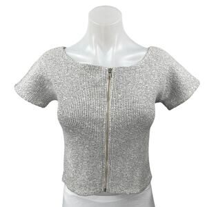 Monrow Women's Gray Ribbed Zip Up Stretch Knit Short Sleeve Shirt Crop Top Sz M